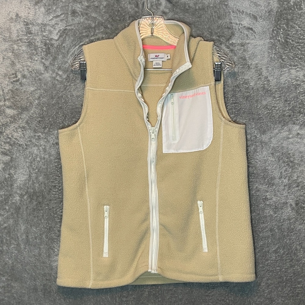 Vineyard Vines Women Full Zip Sherpa Harbor Vest Cozy Outdoors Layering Tan M